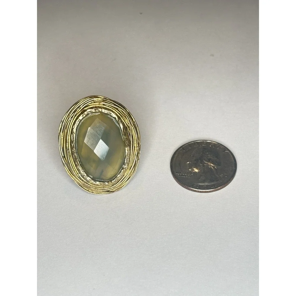 Vintage 70s Brutalist Gold Tone Sage Green Faceted Statement Ring Size 7.75